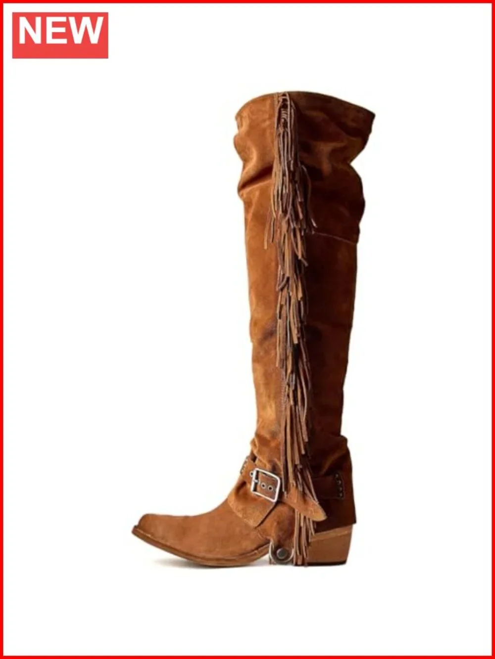 Over the Knee Cowboy Boots with Fringe and Buckle Belts Chunky Heel